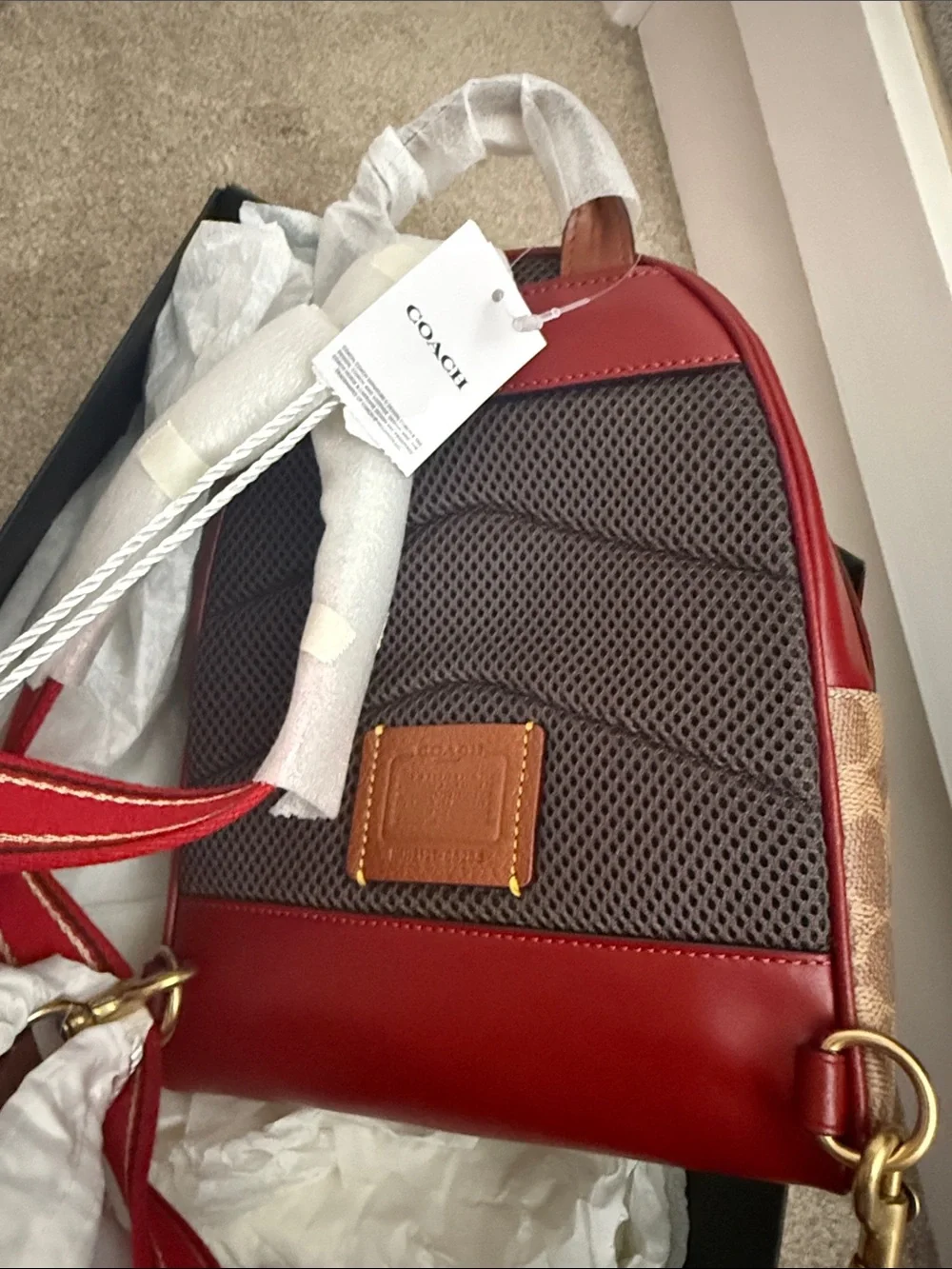 Coach Mini Backpack in Khaki Signature Canvas with Red and Purple Accents